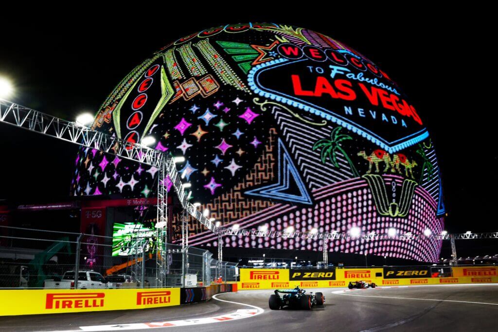 Lewis Hamilton celebrating victory at the Las Vegas Grand Prix